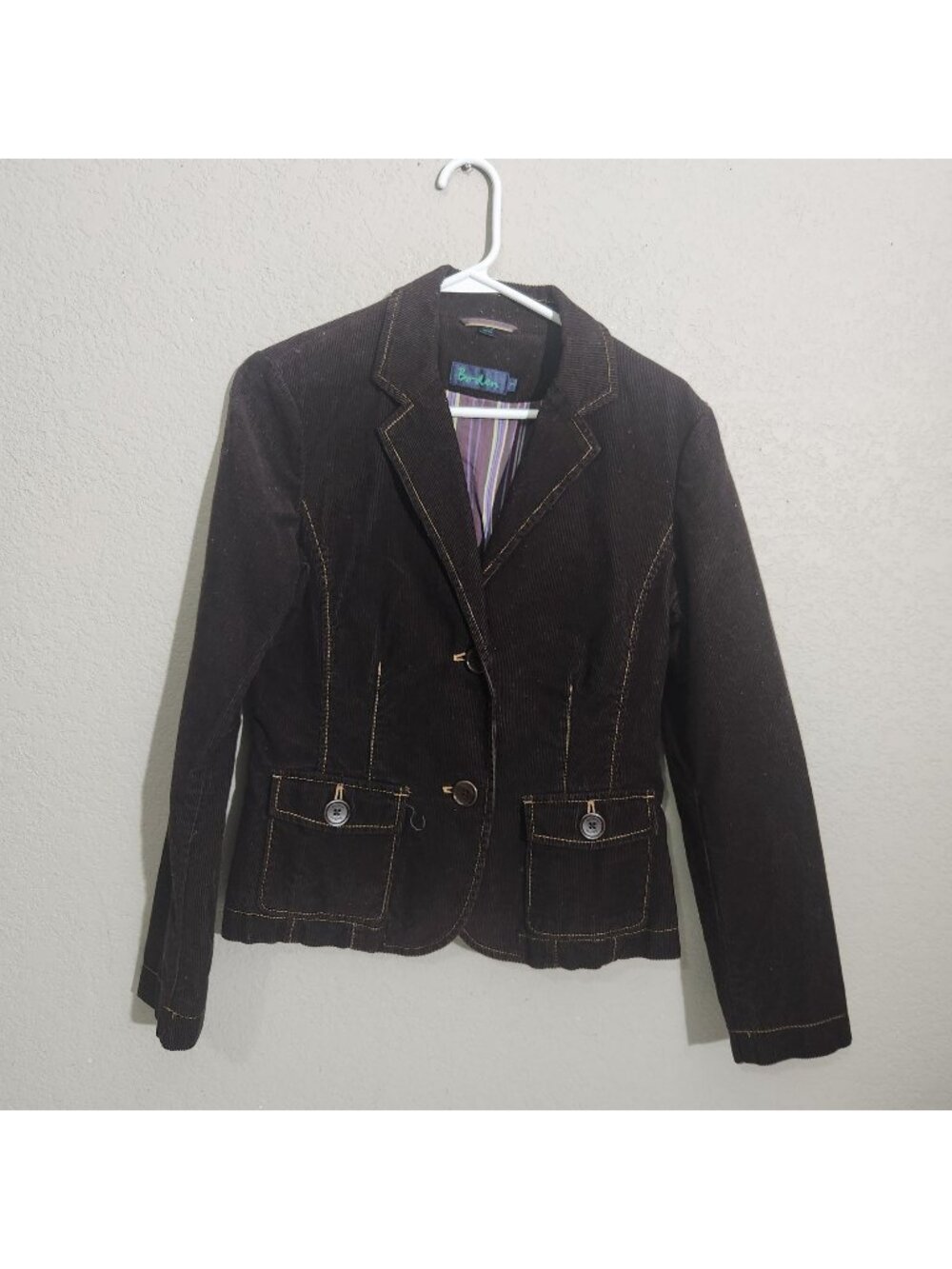 Boden Womens Brown Corduroy Blazer Size 12 Fitted Button-Down Striped Interior